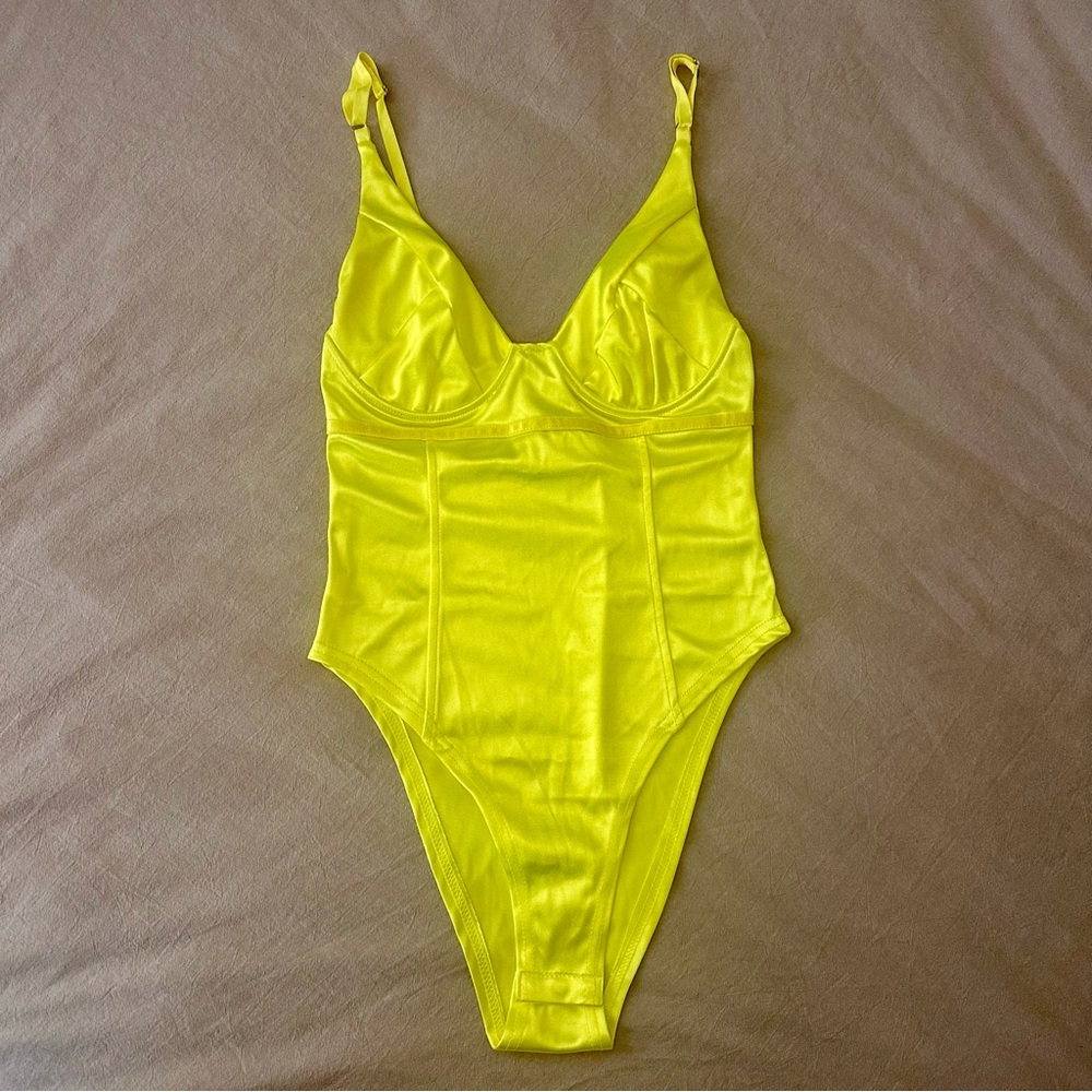 Neon Yellow Satin Bodysuit, size S